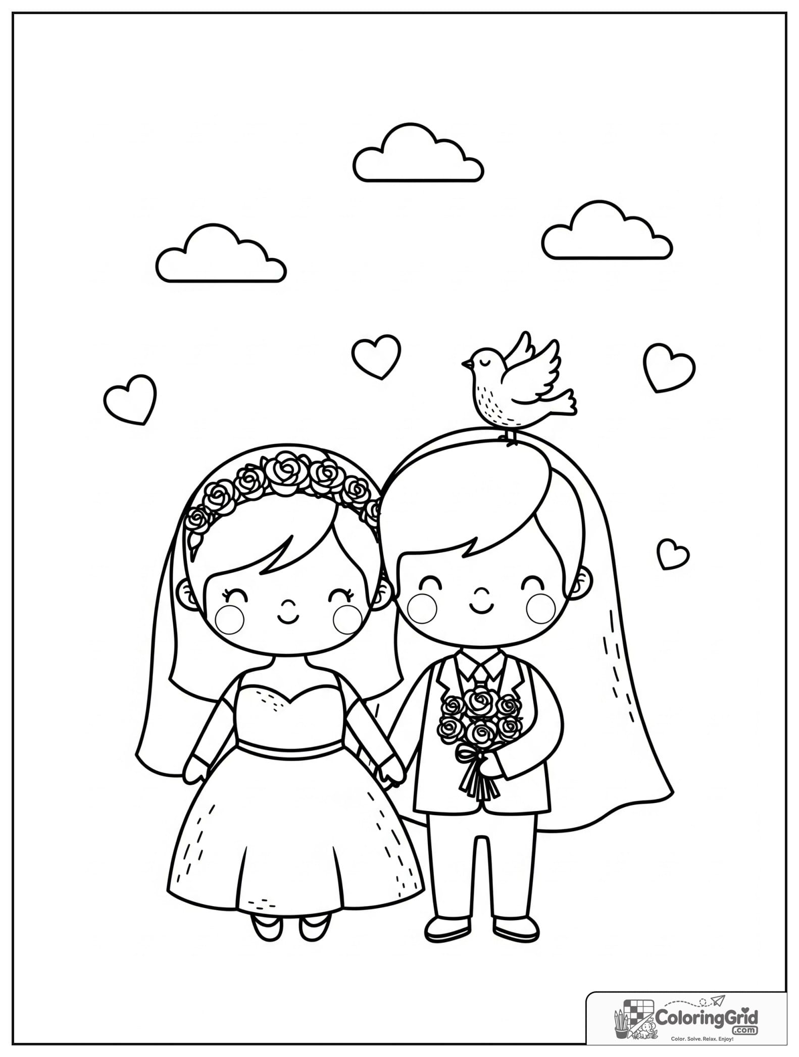 Cute bride and groom with a dove and small heart decorations.