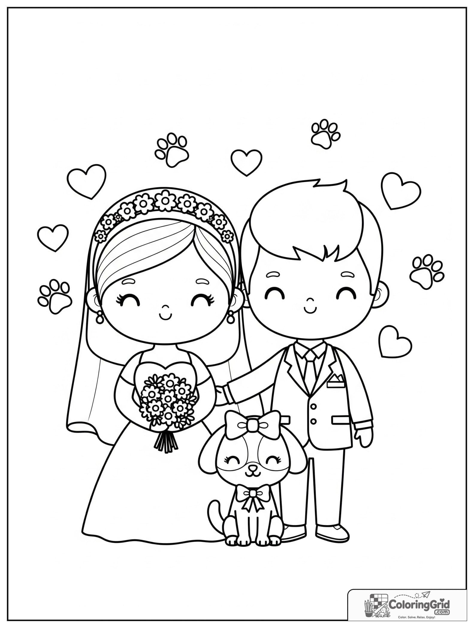 Cute bride and groom with a small pet and tiny paw print decorations.