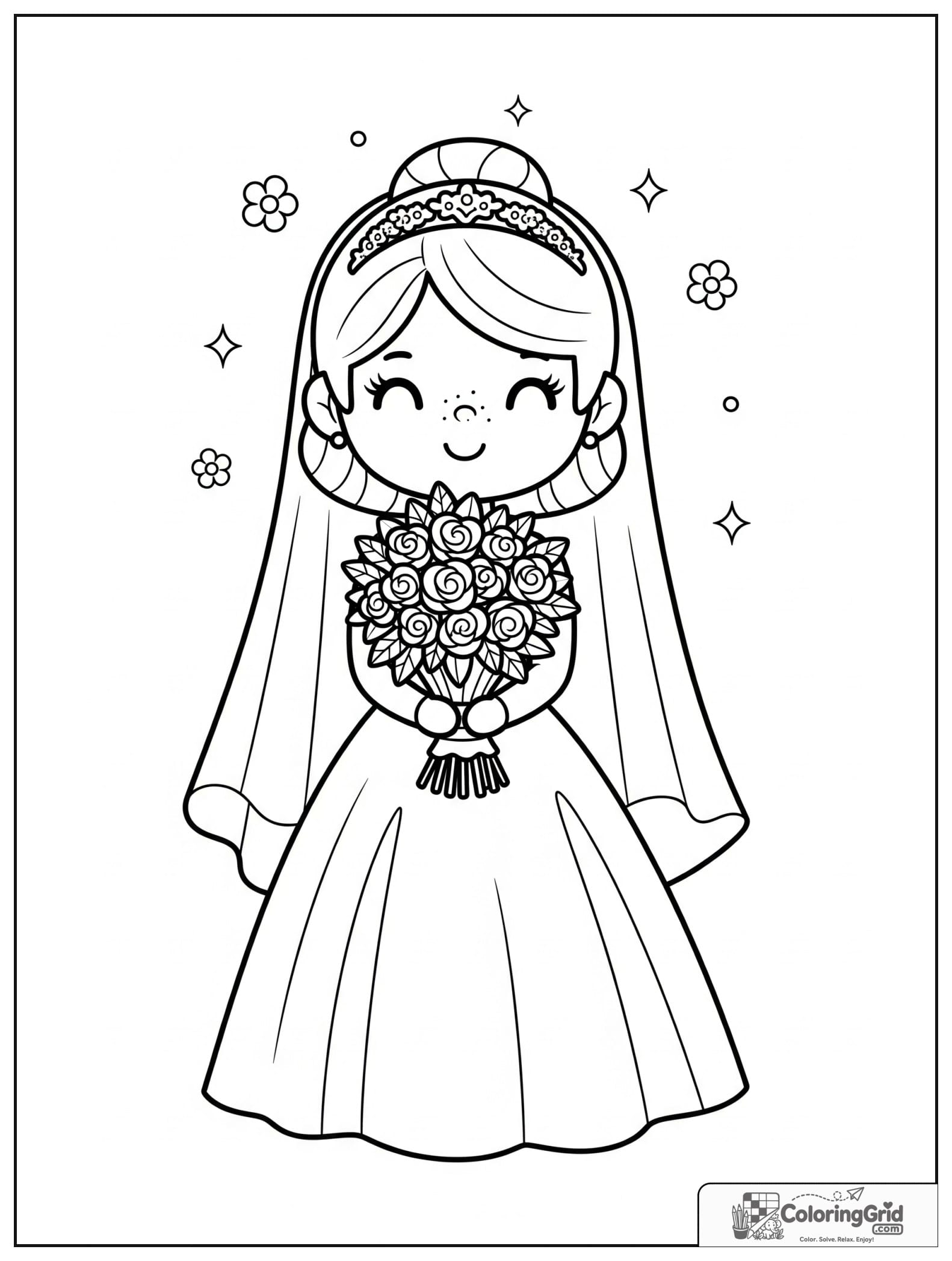 Cute bride holding a bouquet with small flower and sparkle decorations.