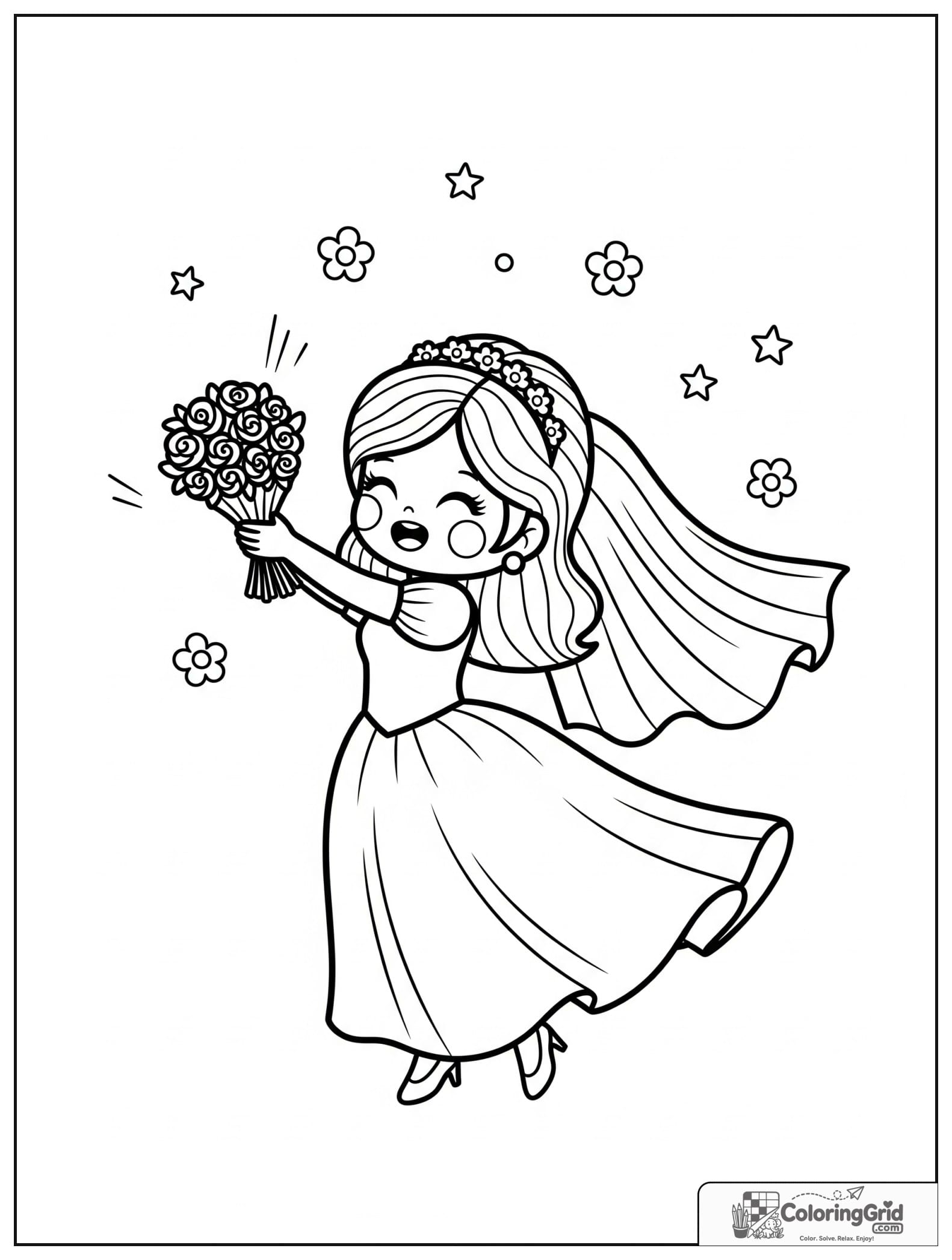 Cute bride tossing a bouquet with small flower and star decorations.