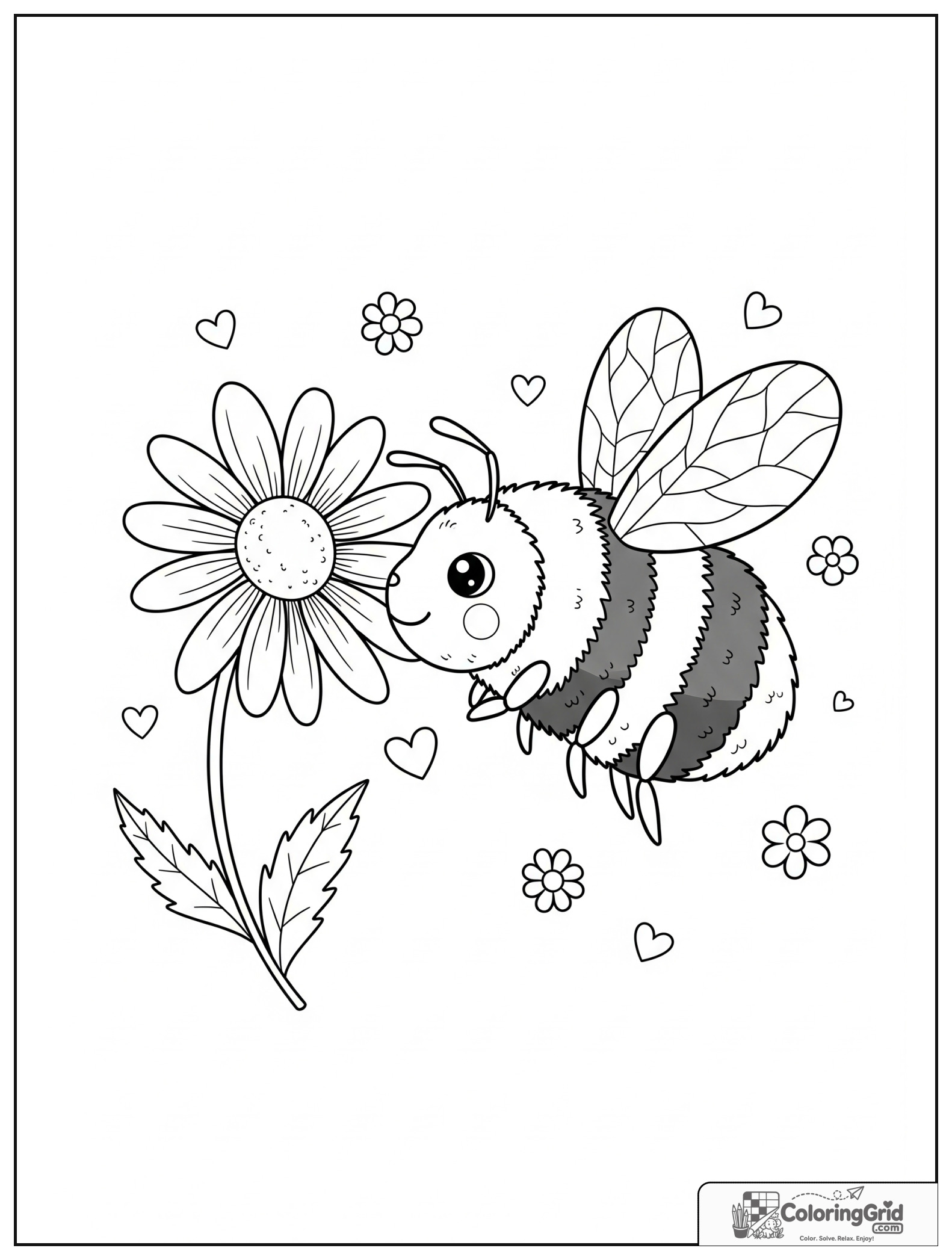 Cute bumblebee with a daisy and small flower decorations.