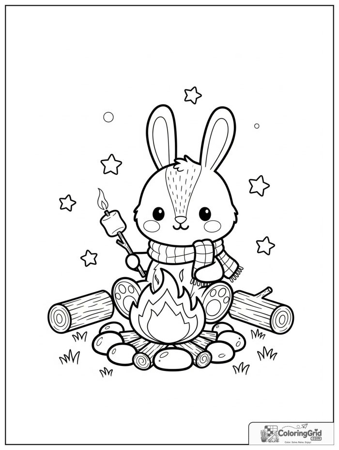 Summer Camp Coloring Pages showing a bunny holding a marshmallow stick.