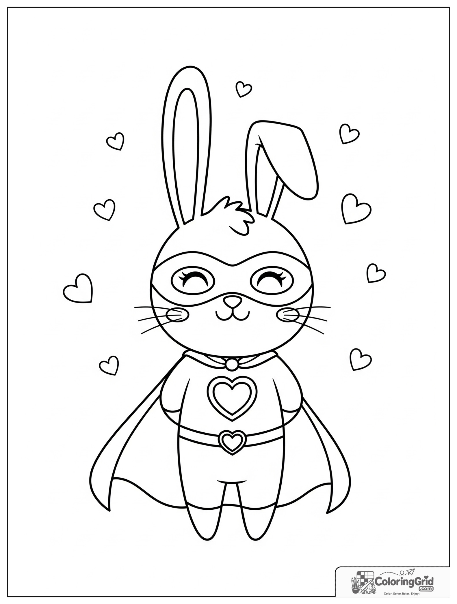 Cute bunny superhero with a heart emblem and small hearts in the background.
