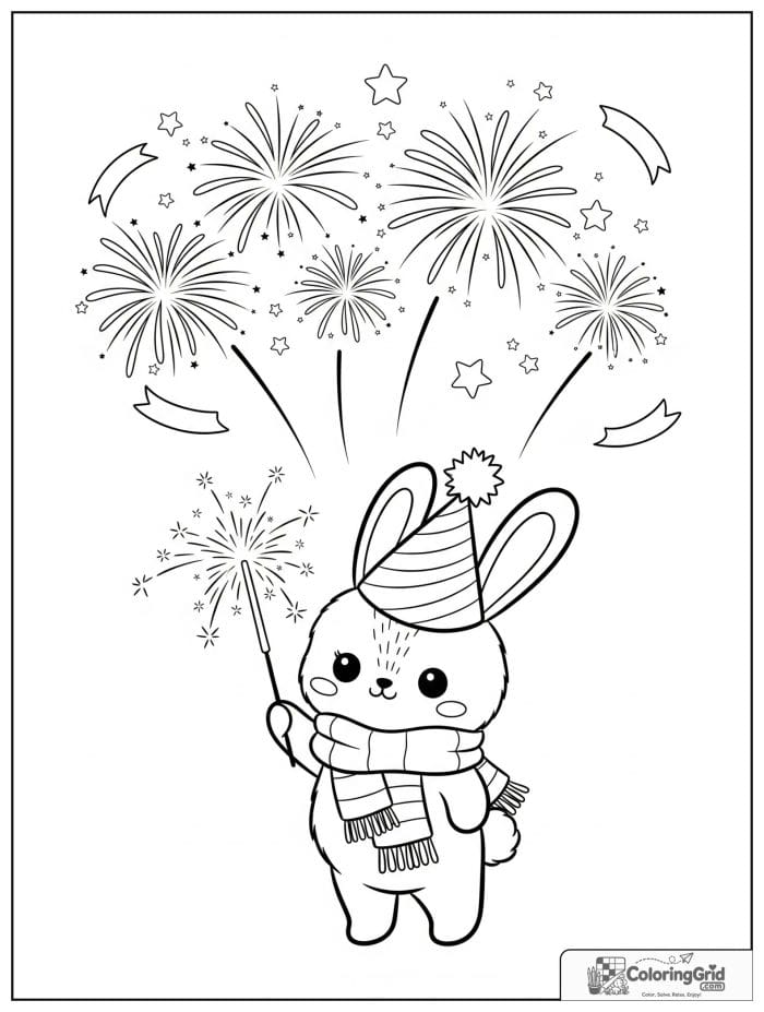 Cute bunny holding a sparkler under fireworks.