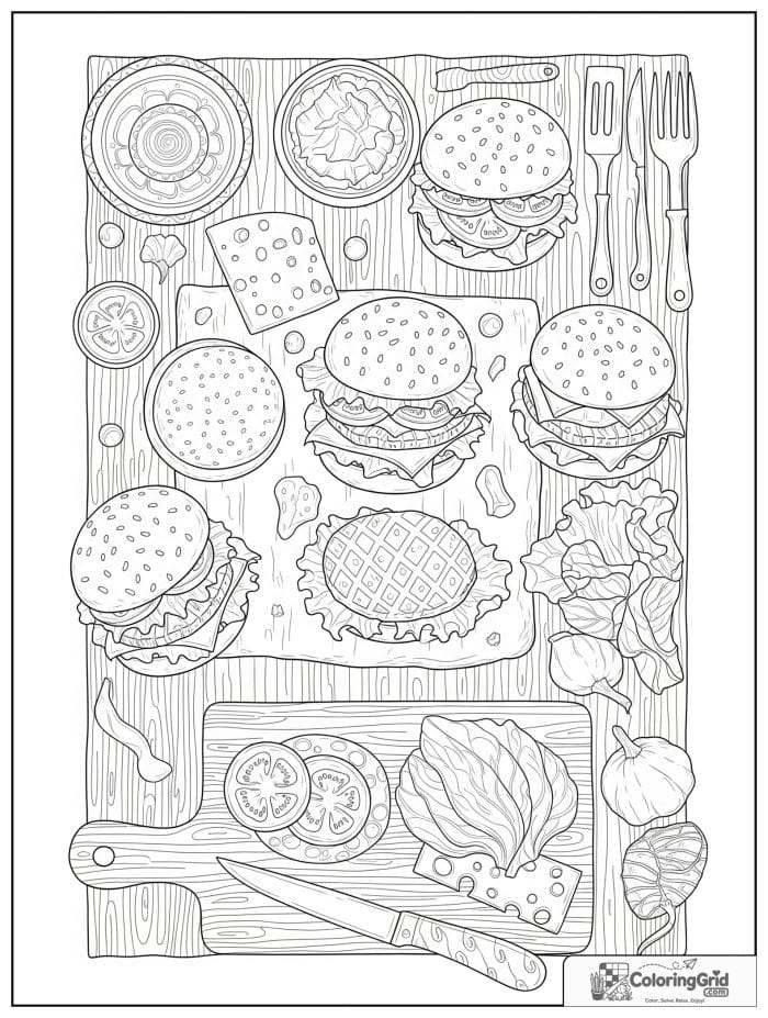 Burger kitchen prep scene for Hamburger Coloring Pages