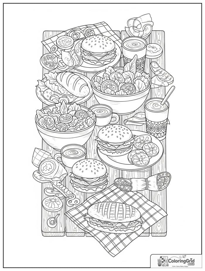 Detailed burger picnic table for Hamburger Coloring Pages