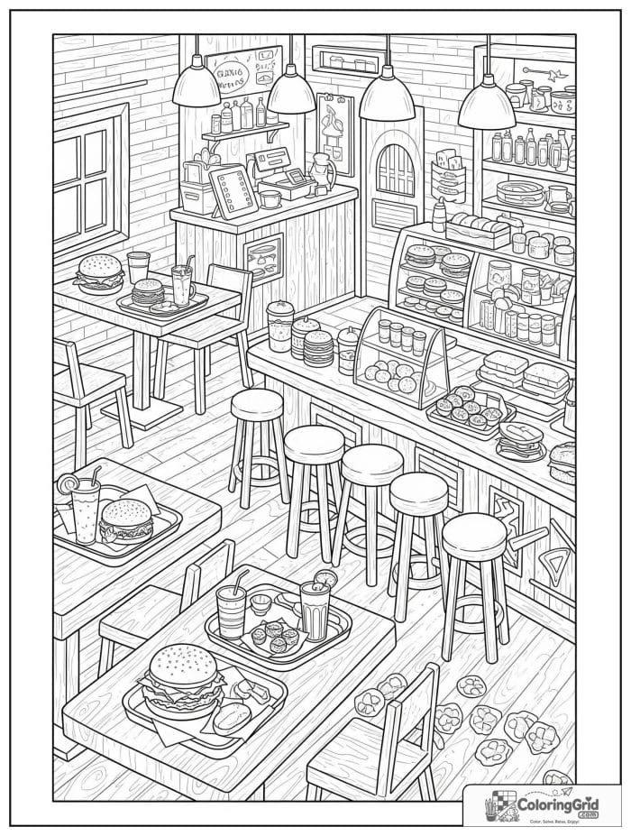 Burger restaurant interior for Hamburger Coloring Pages