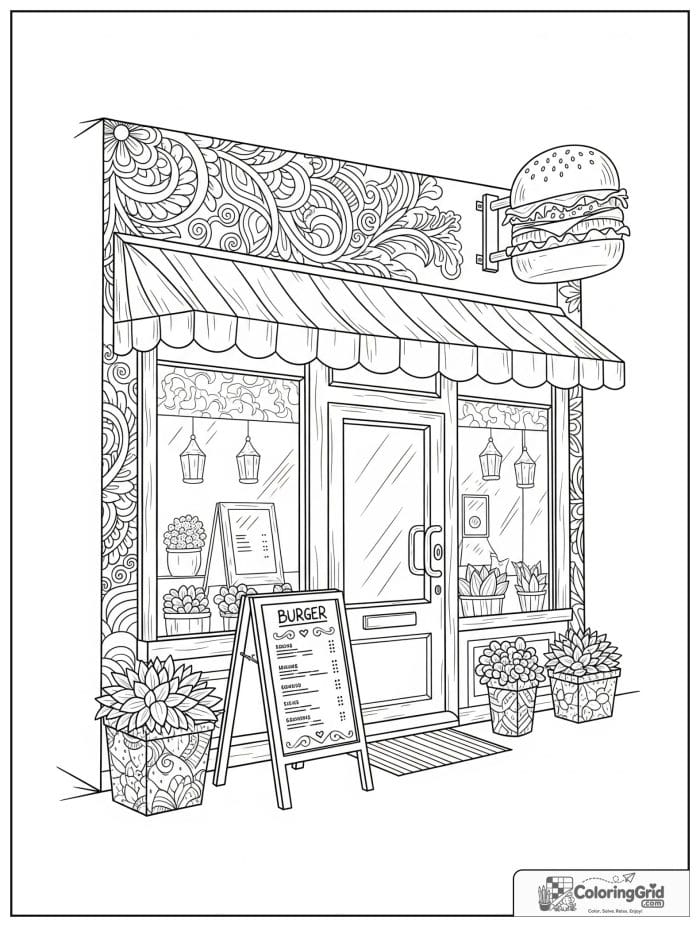 Burger shop storefront for Hamburger Coloring Pages