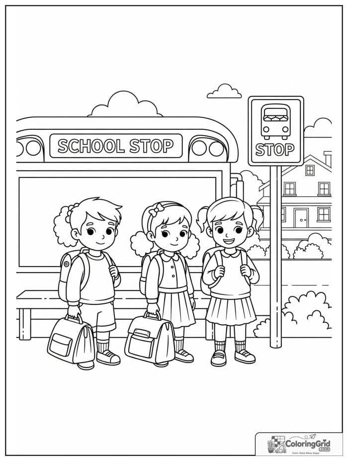 Back to school coloring page featuring children at the bus stop.