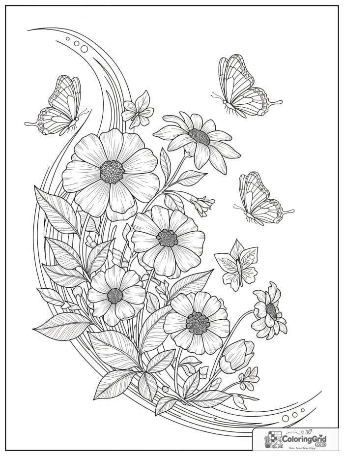 Garden coloring page featuring butterflies flying over flowers.
