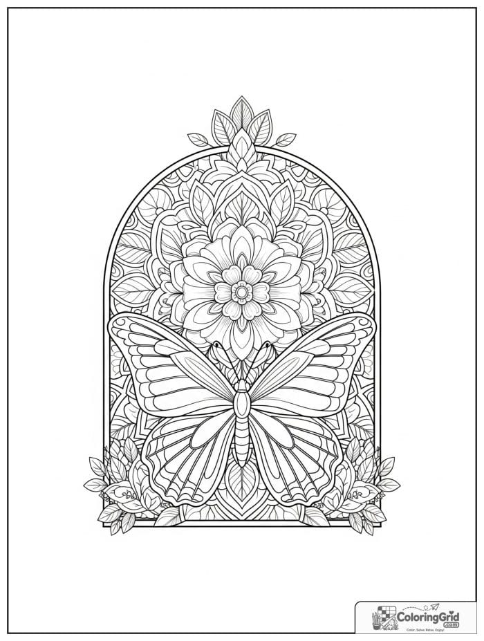 Butterfly Mandala Coloring Pages showing a butterfly beneath an arched floral frame.