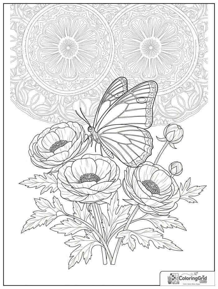 Butterfly Mandala Coloring Pages with a butterfly over a buttercup garden mandala.