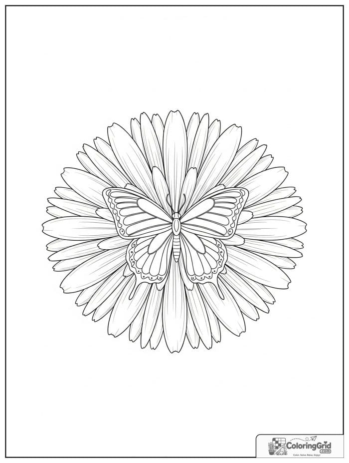 Butterfly Mandala Coloring Pages showing a butterfly inside a daisy mandala.