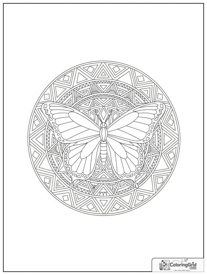 Butterfly Mandala Coloring Pages with a butterfly in a geometric mandala.
