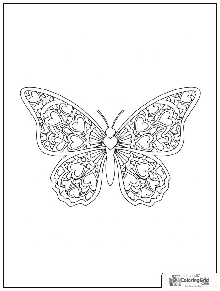 Butterfly Mandala Coloring Pages showing a butterfly with heart mandala details.