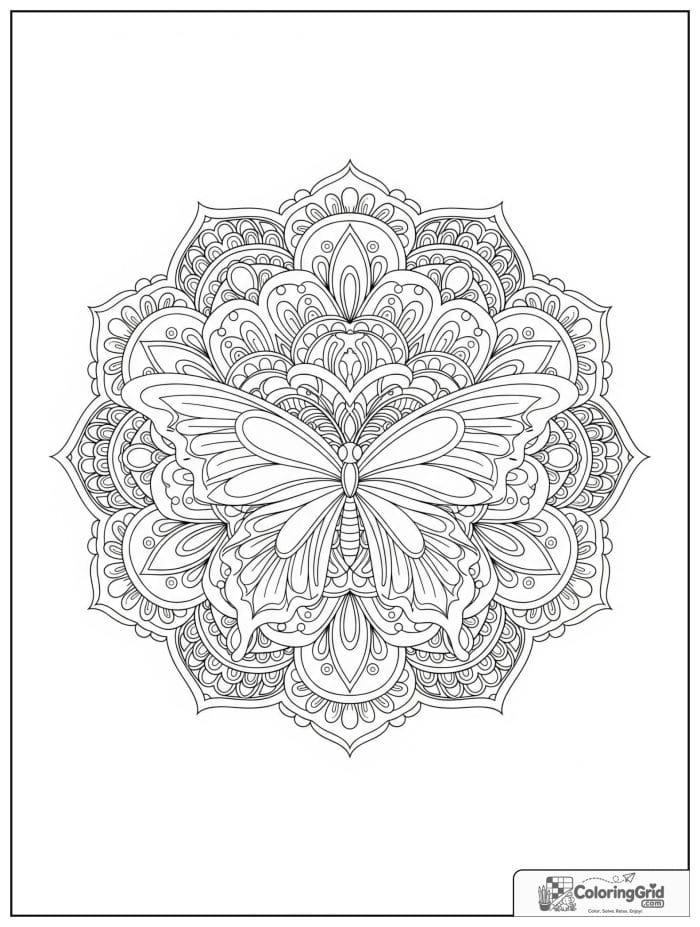 Butterfly Mandala Coloring Pages with a lace-like border design.