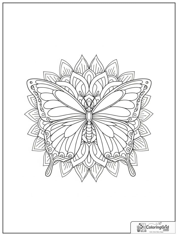 Butterfly Mandala Coloring Pages showing a butterfly over a layered petal burst.