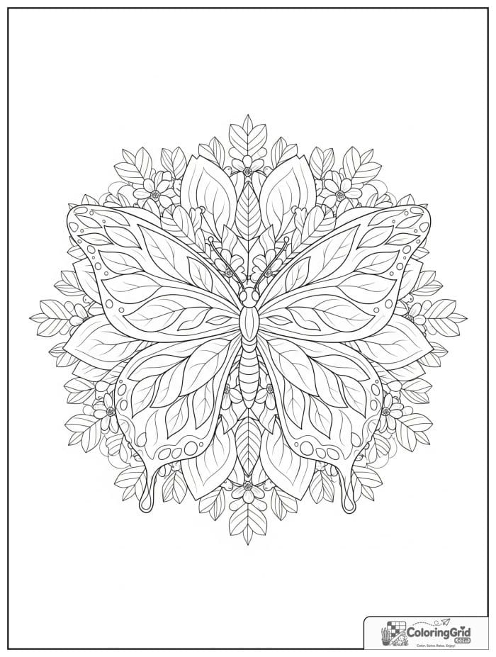 Butterfly Mandala Coloring Pages showing leafy symmetrical wing patterns.