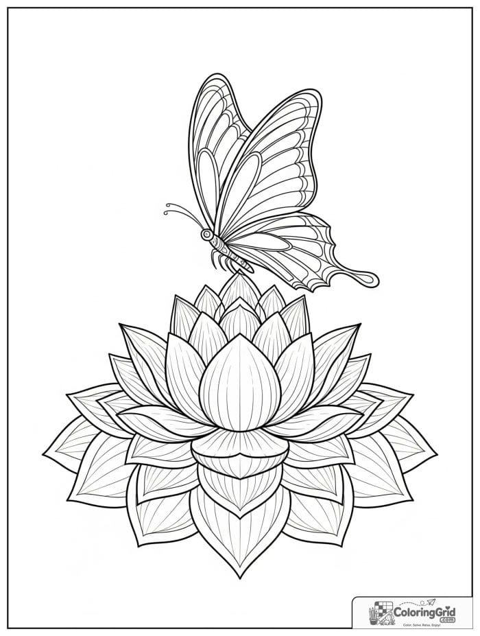 Butterfly Mandala Coloring Pages featuring a butterfly with a lotus mandala frame.
