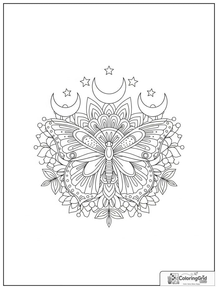 Butterfly Mandala Coloring Pages featuring a moon-themed butterfly mandala.