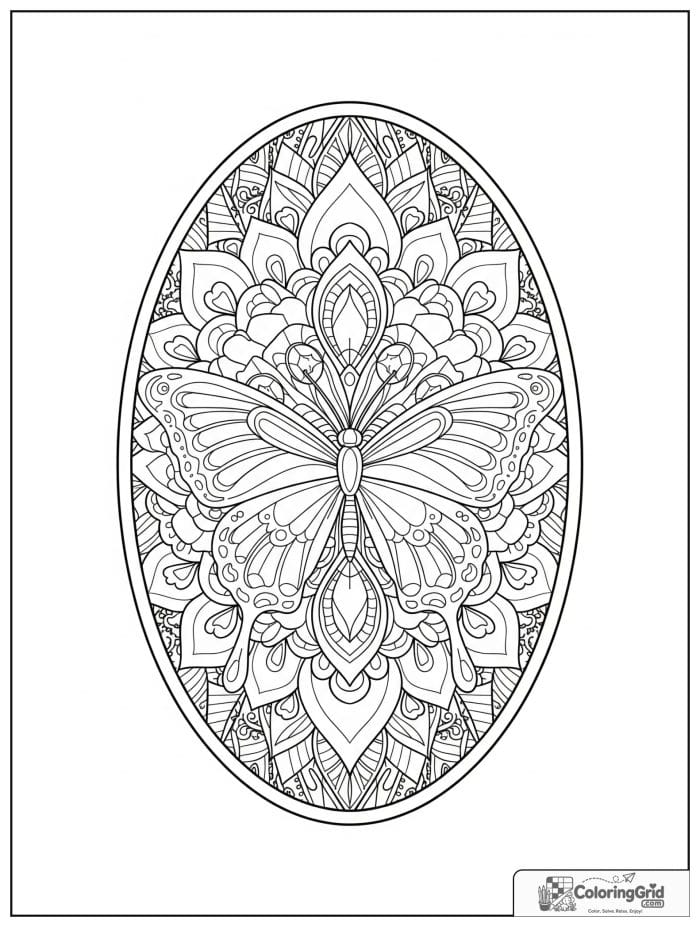 Butterfly Mandala Coloring Pages with an oval jewel pattern mandala.