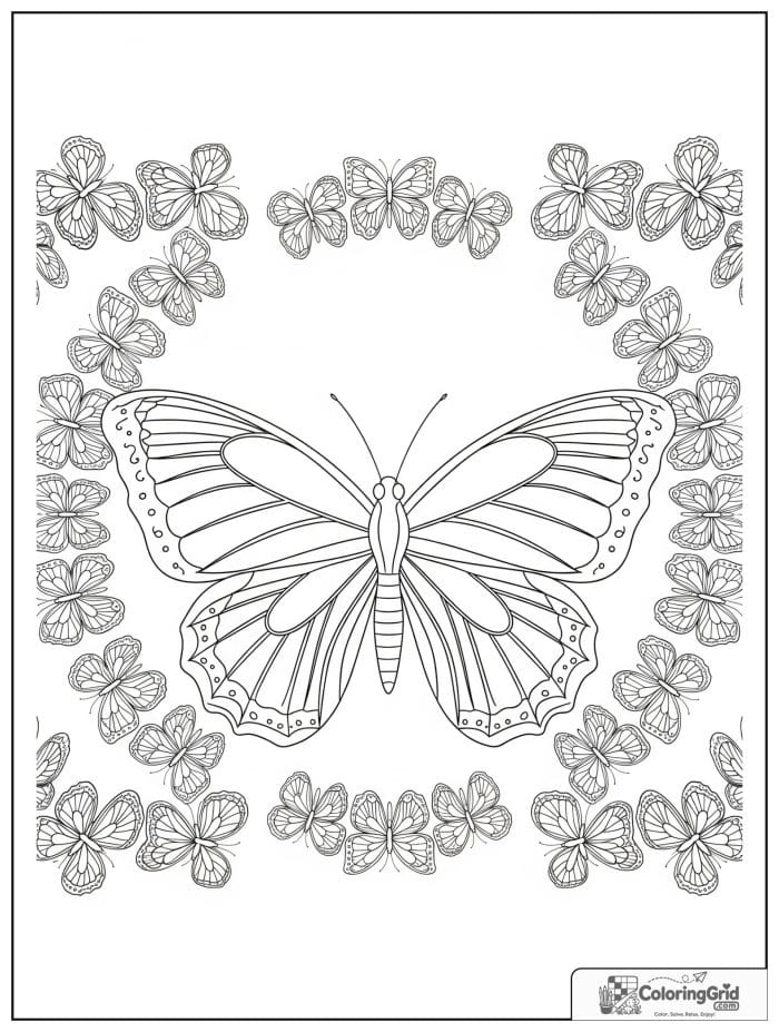 Butterfly Mandala Coloring Pages with a central butterfly and small butterfly border.