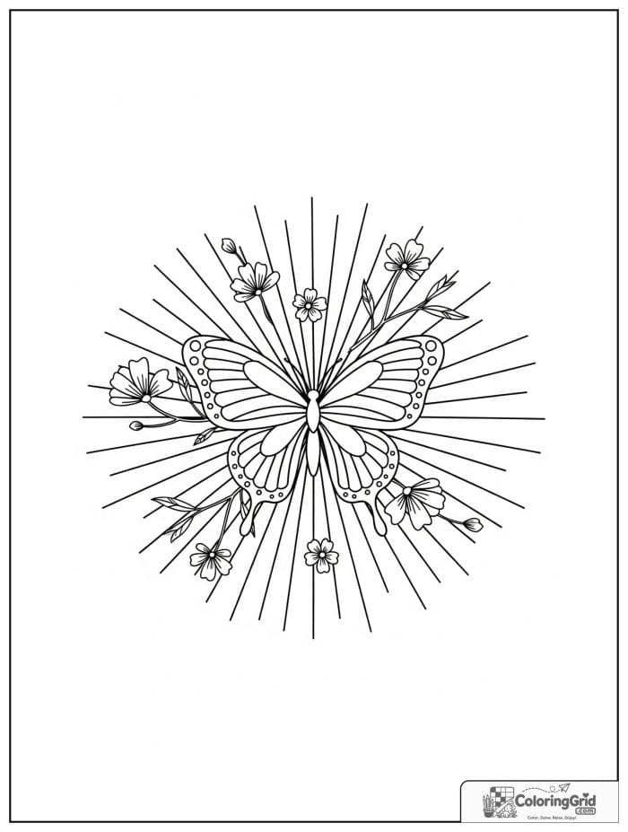 Butterfly Mandala Coloring Pages with a butterfly over a sunburst mandala.