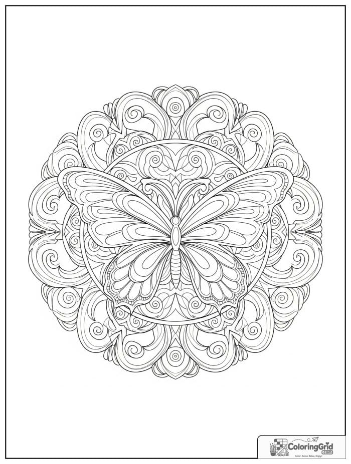 Butterfly Mandala Coloring Pages featuring a butterfly in a swirled circle frame.