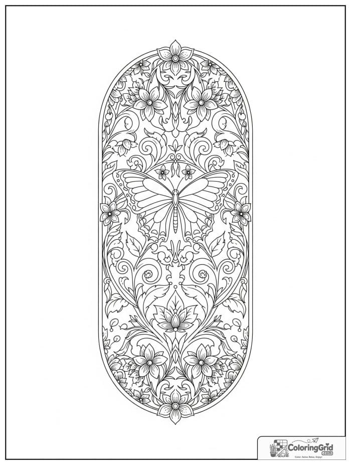 Butterfly Mandala Coloring Pages featuring a butterfly in a vine border.