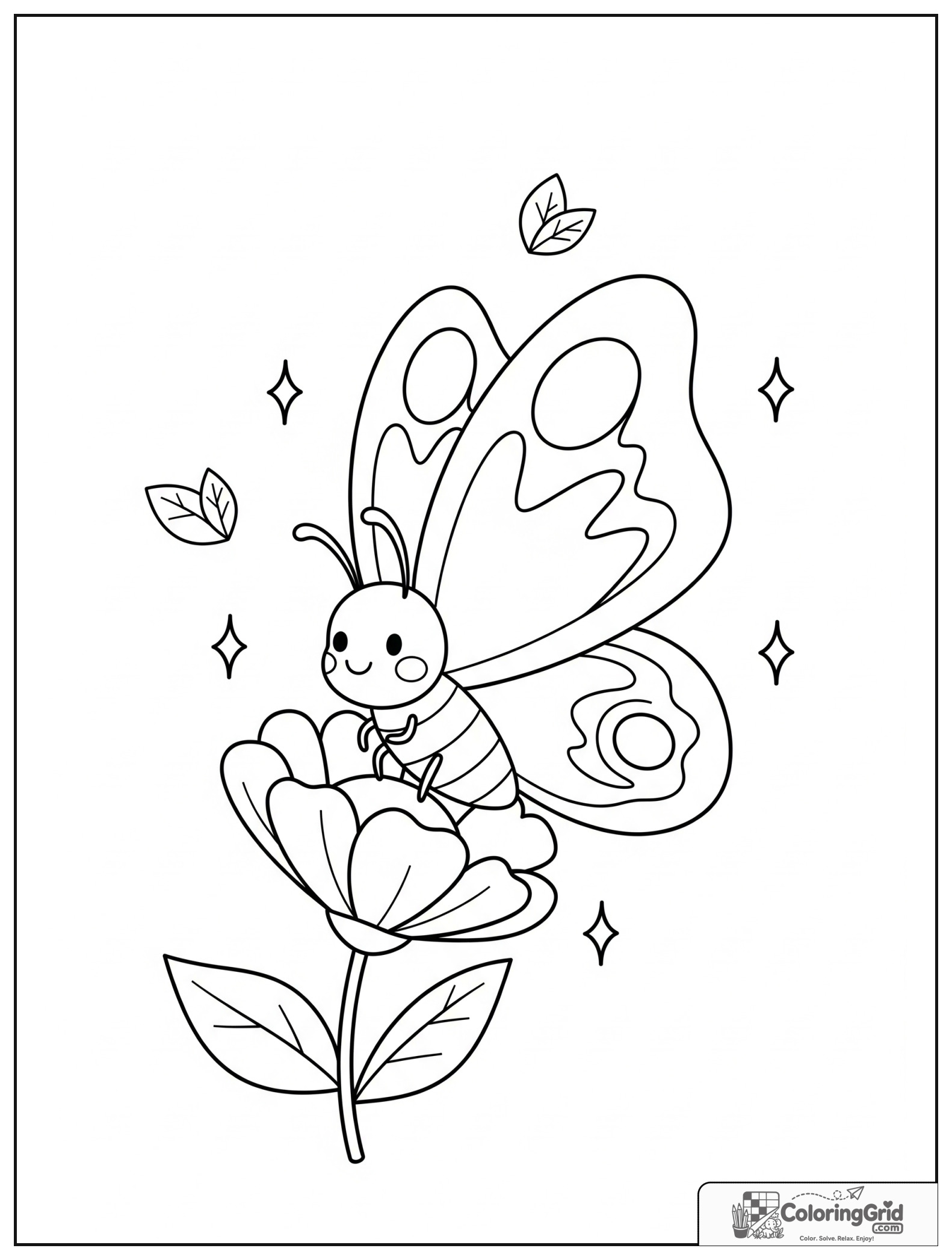 Cute butterfly on a flower with small leaf and sparkle decorations.