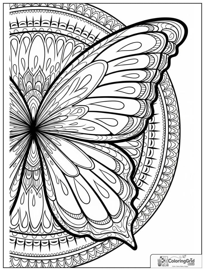 Mandala coloring page featuring butterfly wing inspired details.