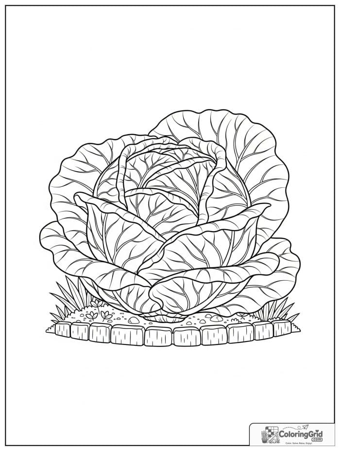Vegetable coloring page featuring a cabbage head with layered leaves.