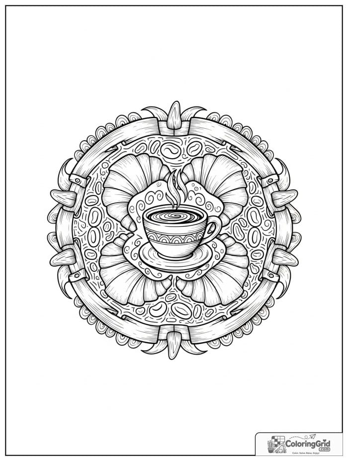 Cafe breakfast mandala with croissant crescents and coffee bean circles.