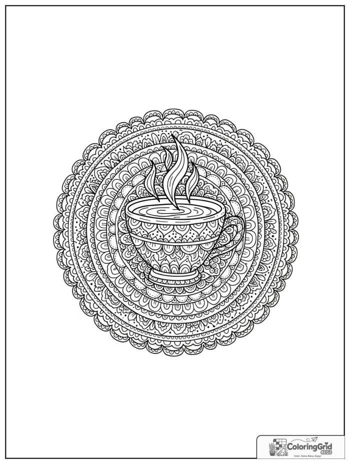 Cafe cup lace mandala with delicate steam loops and petals.