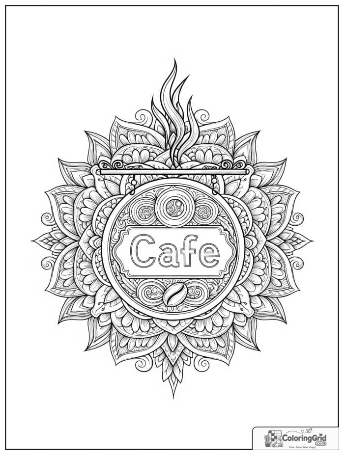 Cafe sign bean mandala with flourished petals and steam curls.