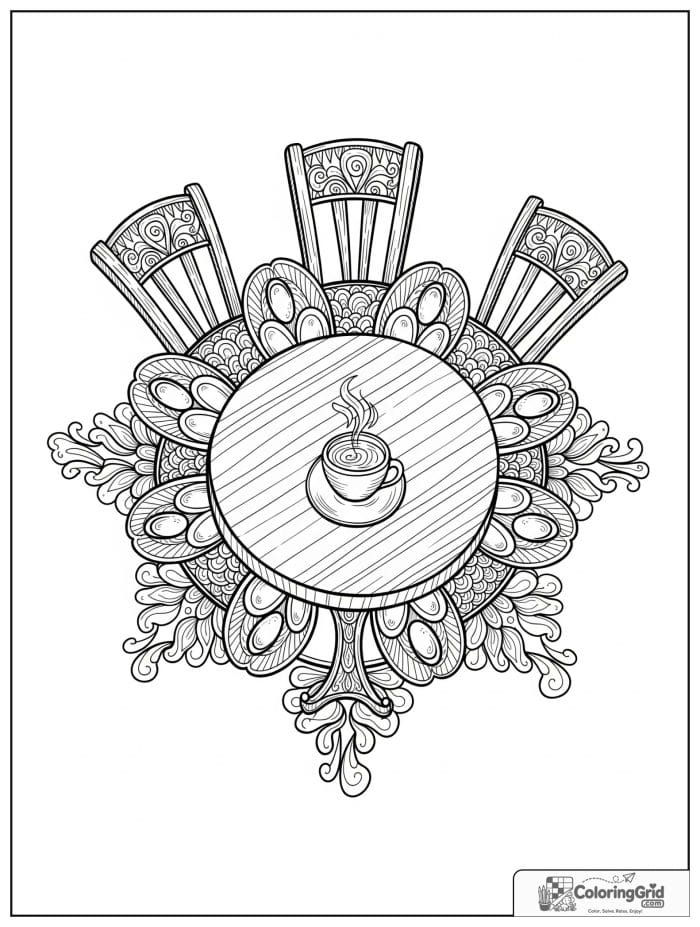 Cafe table round mandala with coffee cup and steam scrolls.