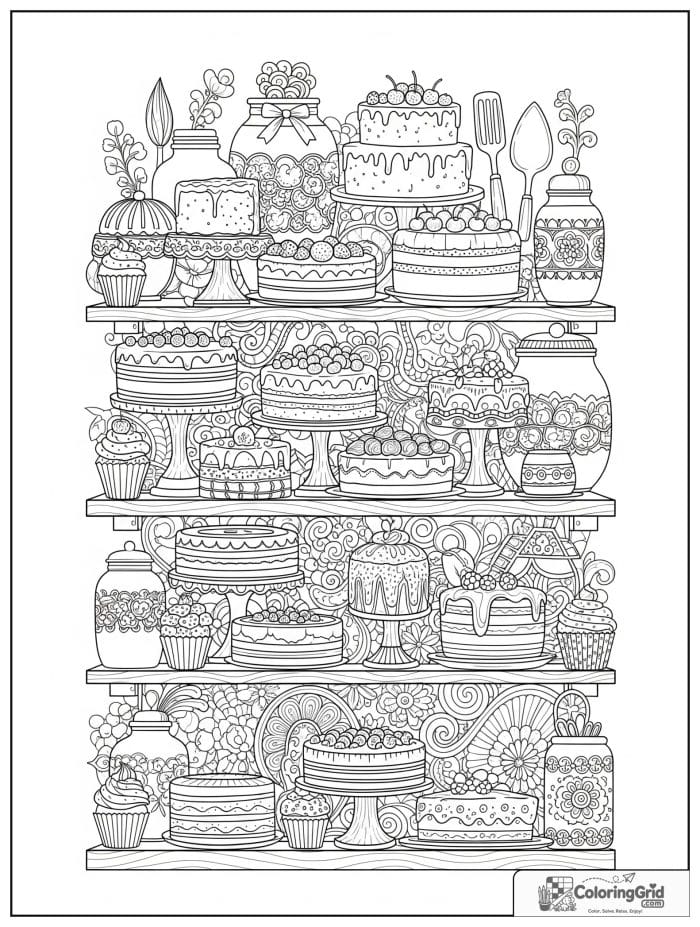 Detailed bakery shelf with cakes for Cake Coloring Pages