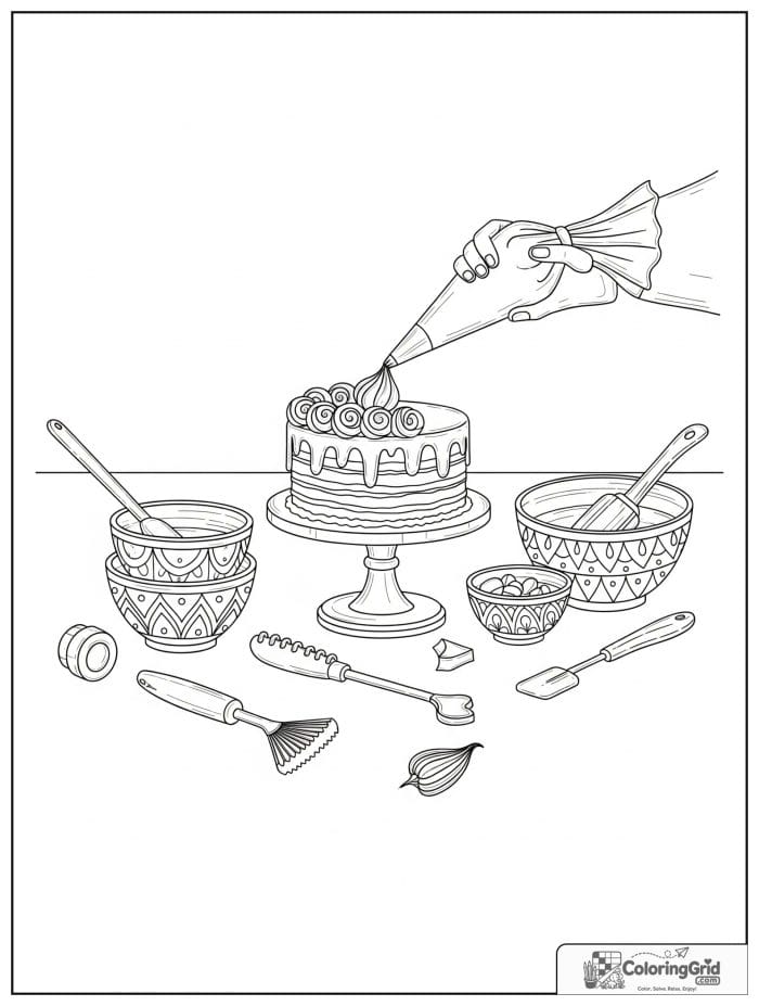 Cake decorating kitchen scene for Cake Coloring Pages