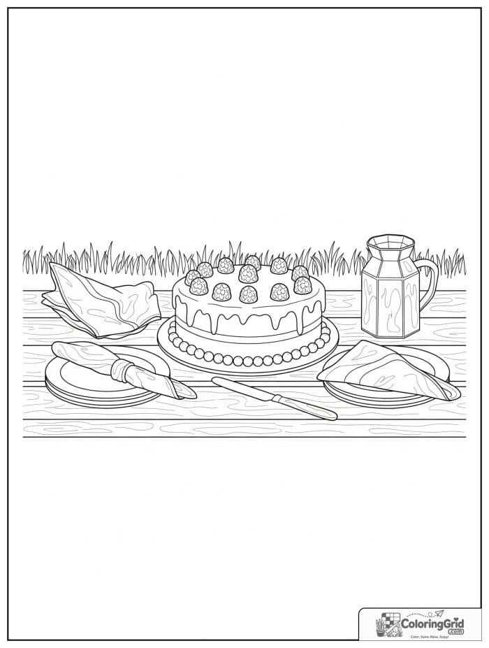 Cake on picnic table for Cake Coloring Pages