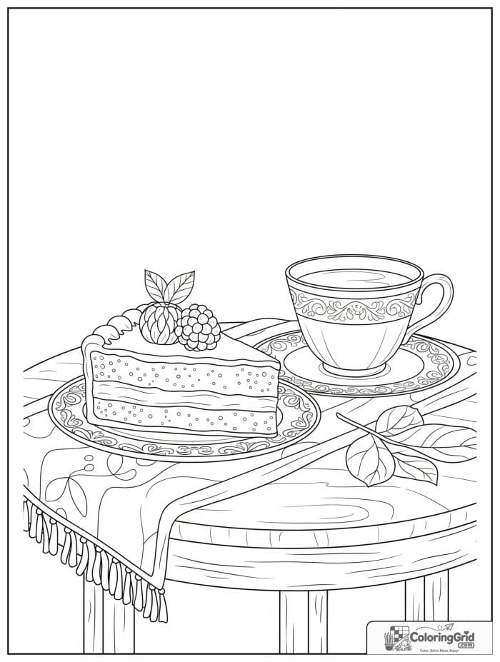 Cake slice and teacup for Cake Coloring Pages