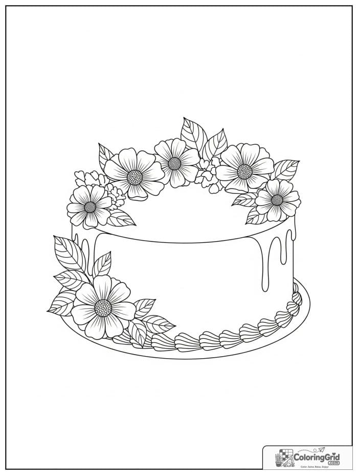 Cake decorated with flowers for Cake Coloring Pages