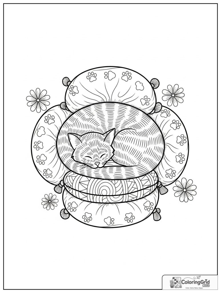 Calm cat nap mindfulness mandala with paw doodles and zentangle fur patterns