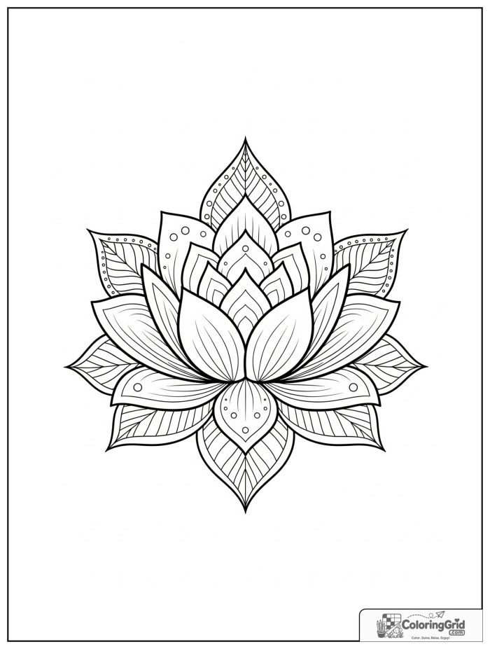 Relaxing lotus mandala with layered petals and dot rings.
