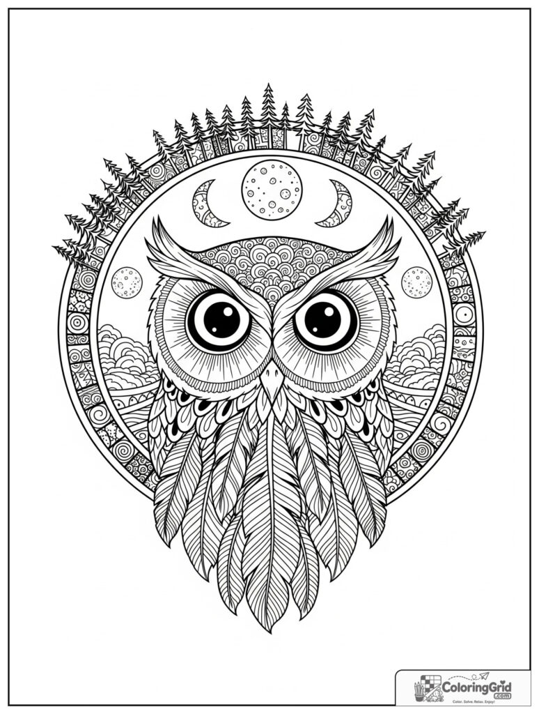 Calm owl wisdom mindfulness mandala with feather zentangle panels