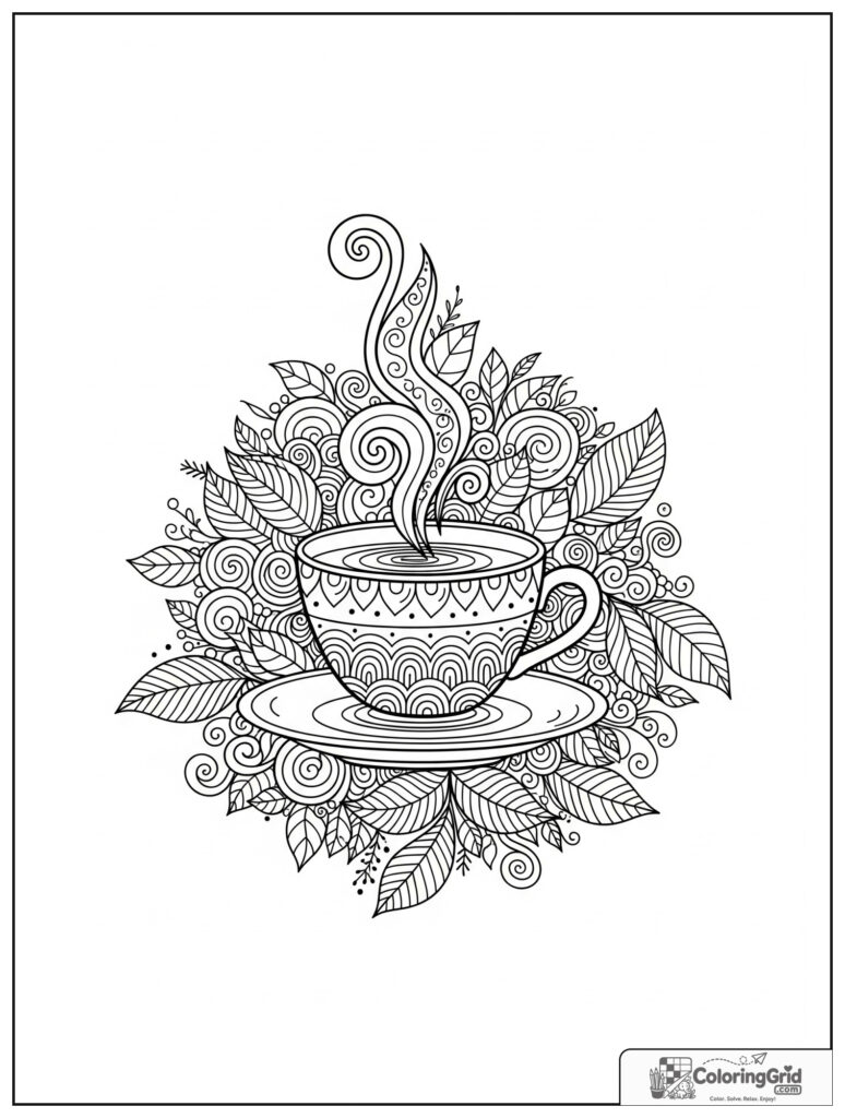Calm tea cup mindfulness mandala with steam spirals and zentangle leaves