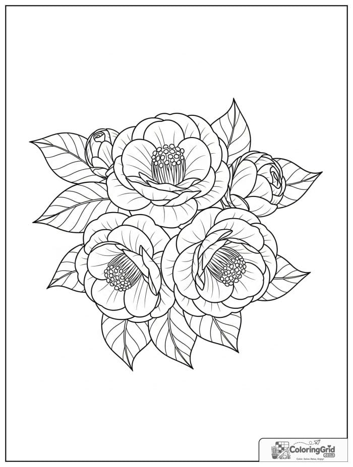 Flower mandala with camellia blooms and curved leaf arcs.