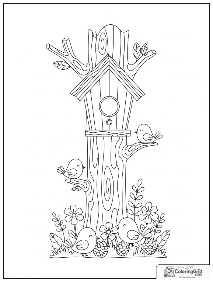 Summer Camp Coloring Pages showing a birdhouse on a tree.