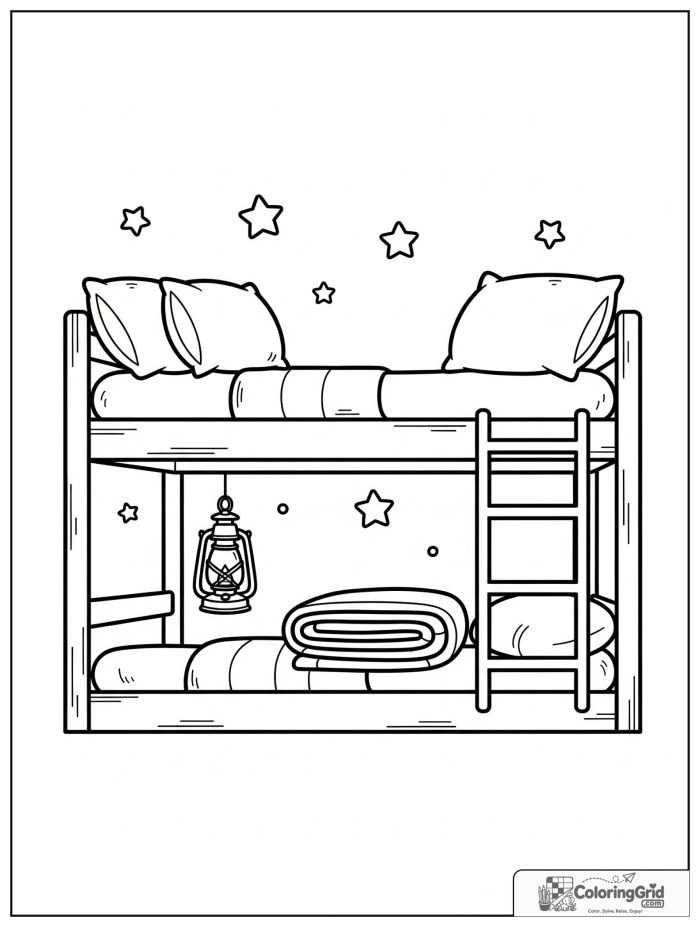 Summer Camp Coloring Pages showing a camp bunk bed scene.