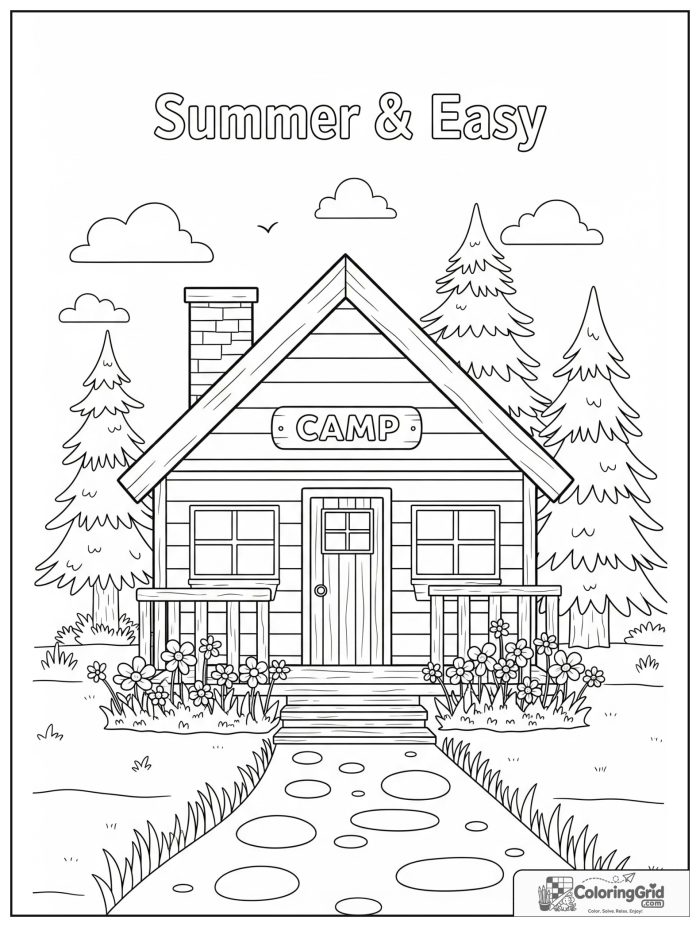 Summer Camp Coloring Pages featuring a camp cabin with flowers.
