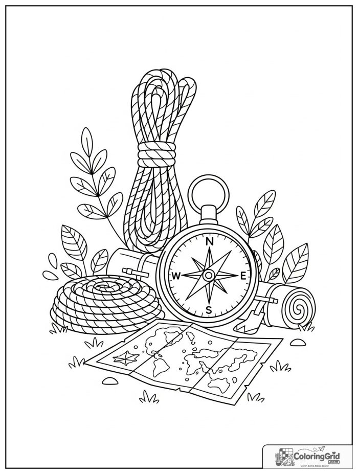 Summer Camp Coloring Pages featuring a camp compass and rope.